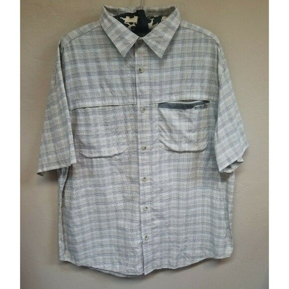 Columbia Titanium Men Plaid Button-Up Short Sleeve Shirt Large Beige Lightweight - Picture 1 of 8